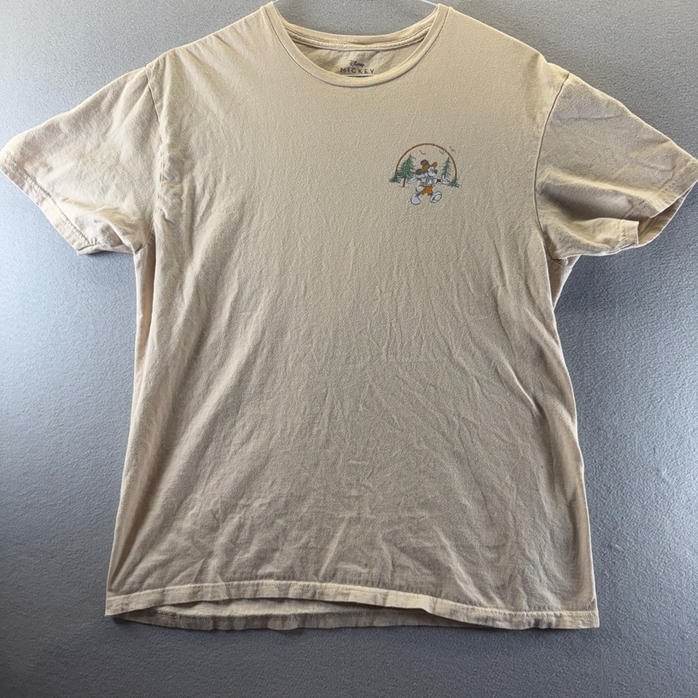 Disney Mickey Mouse Camping Graphic T-Shirt Mens Medium Tan Goofy Great Outdoors
